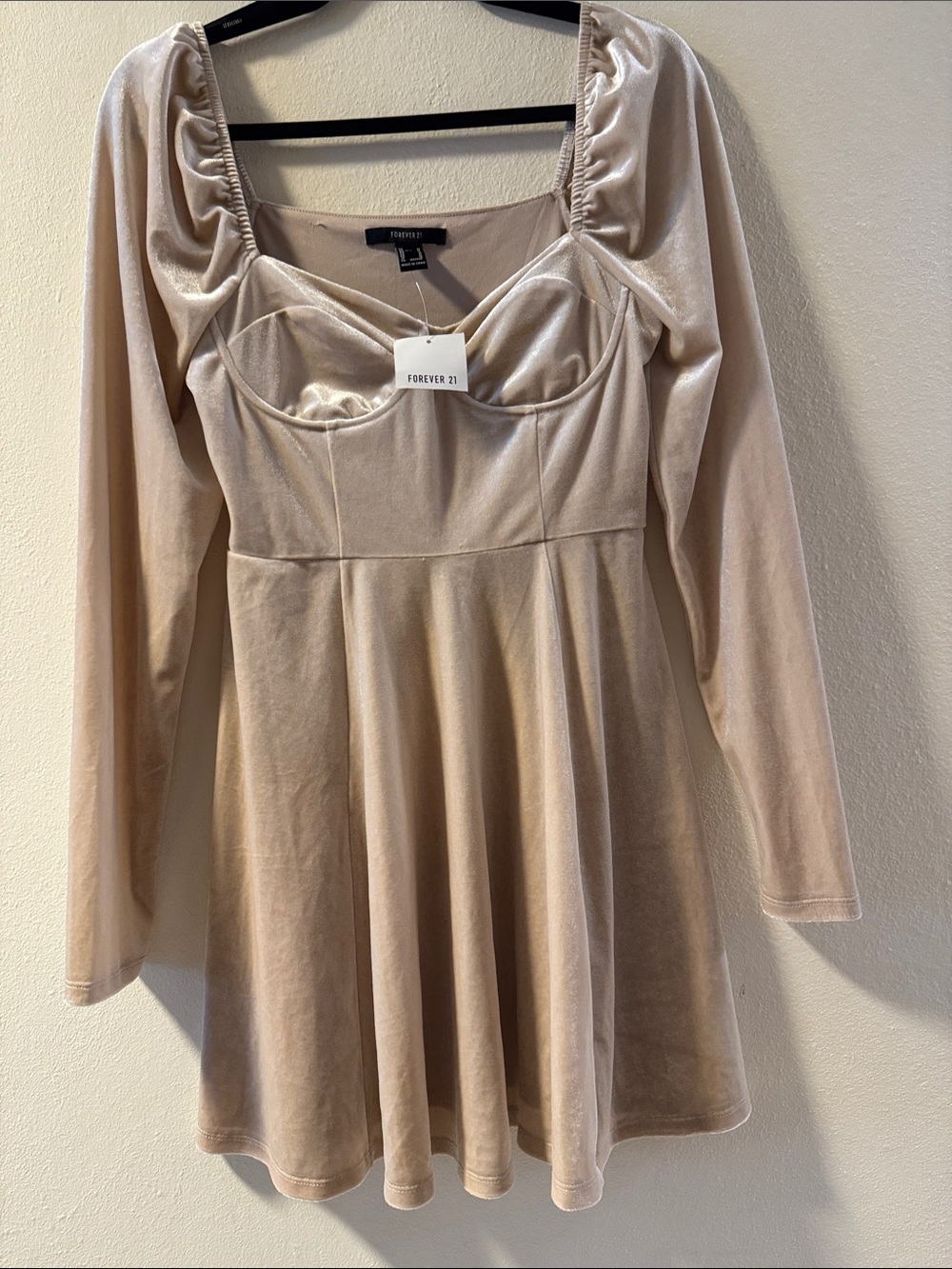 Forever 21 Beige Velvet Long-Sleeve Fit & Flare Mini Dress
